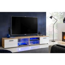 Extreme Furniture - Armoire tv T32-200, (LxHxP): 200 x 34,5 x 45, corps en Wotan Mat, Façades en Blanc Brillant, sans led