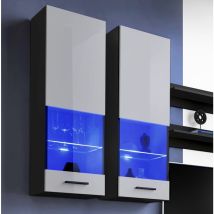 Vitrine Murales Suspendue T51, (LxHxP): 40 x 120 x 29, corps en Noir Mat, Façades en Blanc Brillant, blue LEDs - Extreme Furniture