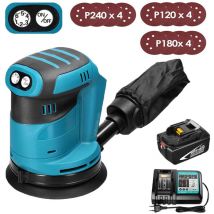 Exzenterschleifer, 125 mm kabelloser bürstenloser 18-V-Exzenterschleifer, mit 12 Schleifpapieren und Staubbeutel + 1 x 5,5-A-Akku + Ladegerät DC18RC