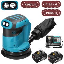 Mawiron - Exzenterschleifer, 125 mm kabelloser bürstenloser 18-V-Exzenterschleifer, mit 12 Schleifpapieren und Staubbeutel + 2 x 5,5-A-Akku +
