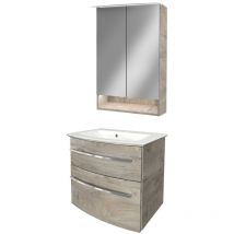Fackelmann - b.style Badmöbel Set – Waschbecken mit Unterschrank und LED-Spiegelschrank in Holz braun – Waschbeckenunterschrank 60 cm hängend breit –