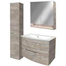 Fackelmann - b.style Badmöbel Set mit Waschbecken mit Unterschrank 80 cm breit – Spiegelschrank Bad mit Beleuchtung und Hochschrank in Holz braun –
