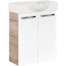 Fackelmann A-VERO SBC Gäste-WC Set 2 Teile – Waschtischunterschrank in Weiß mit Holz Braun mit Waschbecken aus Keramik – Waschbeckenunterschrank