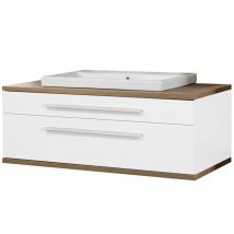 Stanford Badmöbel Set 2 Teile / Keramik Waschbecken / Waschbeckenunterschrank mit 2 Schubladen / Soft-Close-System / Korpus: Weiß / Front: Weiß /