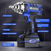 FADAKWALT 20V Cordless Impact Wrench with a Powerful Motor, 1/2" Square Driver, Adjustable Torque (100-400N.m), 2300 RPM Motor, 3.0Ah Li-ion Battery,