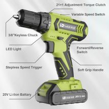 FADAKWALT Electric Cordless Drill Driver, 20V Cordless Drill and Screwdriver Set, Green Electric Combination Drill Kit, 21+1 Torque, DIY Accessory