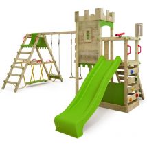 Aire de jeux château fort BoldBaron avec balançoire SurfSwing, garantie de 10 ans, bac à sable intégré - vert pomme - Fatmoose