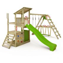 Fatmoose - Aire de jeux Portique bois FruityForest avec balançoire SurfSwing et toboggan Maison enfant exterieur avec bac à sable, échelle d'escalade