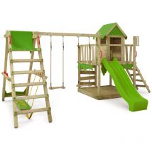Fatmoose - Aire de jeux Portique bois JazzyJungle avec balançoire SurfSwing et toboggan Maison enfant exterieur avec bac à sable, échelle d'escalade