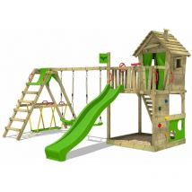 Fatmoose - Parque infantil de madera HappyHome con columpio SurfSwing y tobogán Casa de juegos de jardín con arenero y escalera para niños - verde
