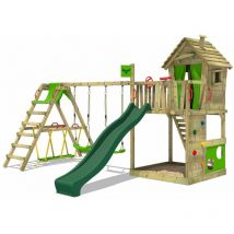 Fatmoose - Parque infantil de madera HappyHome con columpio SurfSwing y tobogán Casa de juegos de jardín con arenero y escalera para niños - verde