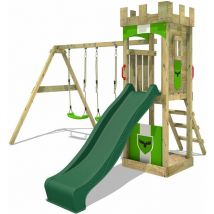 Fatmoose - Parque infantil de madera TreasureTower con columpio y tobogán Torre de escalada de exterior con arenero y escalera para niños - verde