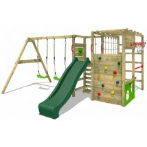 Fatmoose - Parque infantil de madera ActionArena con columpio y tobogán área de juegos da exterior, pared de escalada Sueco con pared de escalada