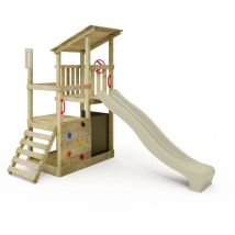 Spielturm Klettergerüst FruityForest mit Rutsche, Kletterturm mit Sandkasten, Leiter & Spiel-Zubehör – Salbeigrün - Fatmoose