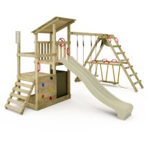 Spielturm Klettergerüst FruityForest mit SurfSwing & Rutsche, Kletterturm mit Sandkasten, Leiter & Spiel-Zubehör – Salbeigrün - Fatmoose