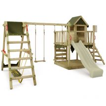 Spielturm Klettergerüst JazzyJungle mit SurfSwing & Rutsche, Spielhaus mit Sandkasten, Leiter & Spiel-Zubehör – Salbeigrün - Fatmoose