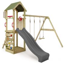 Spielturm Klettergerüst KiwiKey mit Schaukel & Rutsche, Kletterturm mit Sandkasten, Leiter & Spiel-Zubehör – Anthrazit - Fatmoose
