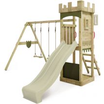 Spielturm Klettergerüst TreasureTower mit Schaukel & Rutsche, Kletterturm mit Sandkasten, Leiter & Spiel-Zubehör – Salbeigrün - Fatmoose
