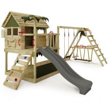 FATMOOSE Spielturm Klettergerüst TikaTaka mit Rutsche & SurfSwing, Kletterturm mit Sandkasten, Leiter & Spiel-Zubehör - Anthrazit