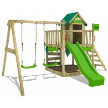 Wooden climbing frame JazzyJungle with swing set and slide, Playhouse on stilts for kids with sandpit, climbing ladder & play-accessories - apple