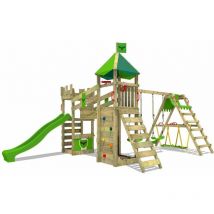 Wooden climbing frame RiverRun with swing set SurfSwing and slide, Knight's playhouse with sandpit, climbing ladder & play-accessories - apple green