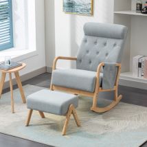 Fauteuil à bascule, avec accoudoirs et repose-pieds, poches latérales, dossier haut ergonomique, structure en bois massif, décoration de boutons,
