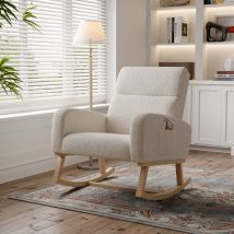 Nmonet - Fauteuil à bascule confortable avec accoudoirs, tissu sherpa, poches latérales, pieds en bois massif, Rocking chair style scandinave - Beige