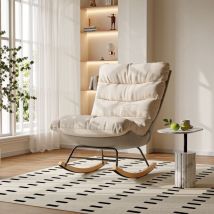 Nmonet - Fauteuil à bascule confortable, tissu en lin, coussin épais, pieds en bois massif, rocking chair décontracté, style moderne - Beige