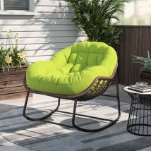 Fauteuil à bascule de jardin, avec cadre en métal, dossier en capitonné, accoudoirs, style scandinave, Rocking chair en polyrotin - Vert
