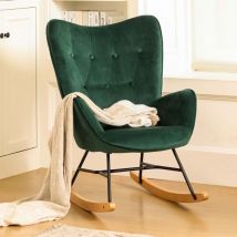 Urban Meuble - Fauteuil à bascule scandinave en velours vert pieds en bois clair