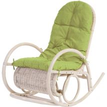 Fauteuil à bascule Esmeraldas, rocking-chair, fauteuil en rotin, blanc, rembourrage vert