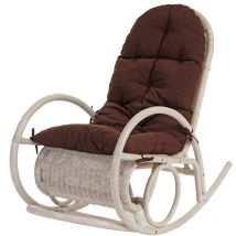Fauteuil à bascule Esmeraldas, rocking-chair, fauteuil en rotin, blanc, rembourrage marron