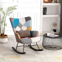 Homemiyn - Fauteuil à Bascule Patchwork Rocking Chair Berçante Allaitement Bébé avec Oreiller Style Scandinave Tissu en Lin Bois d'Hévéa