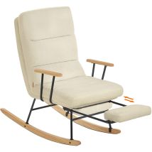 Fauteuil À Bascule En Bois D'Hévéa – Dossier Réglable 4 Positions – Tissu Peluche – Supporte Jusqu'à 160 Kg – Marron Camel – Dimensions 97 X 67 X 100 