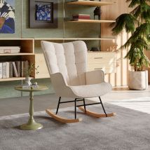 Pergar - Fauteuil à bascule, rocking chair en velours teddy, pieds en bois massif, pour salon,scandinave,chambre, beige,68x75x92cm