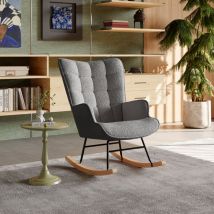 Fauteuil à bascule, rocking chair en velours teddy, pieds en bois massif, pour salon,scandinave,chambre, gris foncé,68x75x92cm
