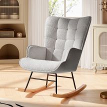 Fauteuil à bascule, tissu sherpa, avec pieds en bois massif, dossier en capitonné, accoudoirs, style scandinave, Rocking chair - gris