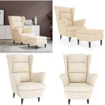 Fauteuil à oreilles avec tabouret crème velours - Fauteuil Confort - Fauteuil Relaxant - Fauteuil Velours - Fauteuil Design - Fauteuil Moderne - Home