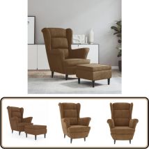 Fauteuil à oreilles avec tabouret marron velours - Fauteuil Confort - Fauteuil Relaxant - Fauteuil Velours - Fauteuil Design - Fauteuil Moderne