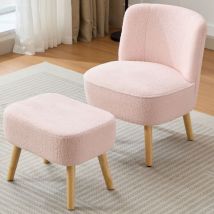 Tanant - Fauteuil avec repose-pieds, tissu velours Teddy, assise rembourrée, pieds en bois massif, pour chambre, salon, appartement - Rose