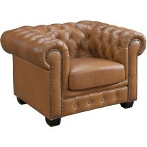 Fauteuil chesterfield BRENTON 100% cuir de buffle premium - Caramel vintage