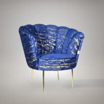Toscohome - Fauteuil coquille garni de velours bleu et de motifs dorés - Orel