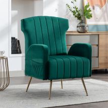 Fauteuil de loisir avec pieds dorés, conception à motif vertical, poches de rangement des 2 côtés, 69x72x90cm Émeraude vert