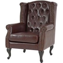Fauteuil de luxe à oreilles Chesterfield similicuir, brun antique sans pouf