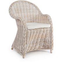 Fauteuil en rotin blanchi et coussin en coton - saint tropez