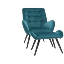 Miliboo - Fauteuil et repose-pieds design en tissu velours bleu pétrole et métal noir zoe