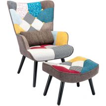 Homemiyn - Fauteuil Helsinki Patchwork Scandinave avec Repose-pieds et Oreiller lombaire Fauteuil de salon en Tissu de Lin Multicolore