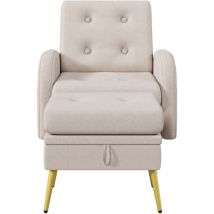 Fauteuil longue avec repose-pieds, dossier réglable en 3 positions, compartiment de rangement-Beige