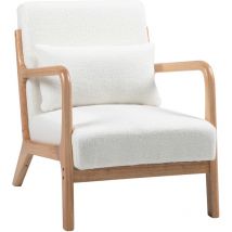Homcom - Fauteuil lounge - 3 coussins inclus - assise profonde - accoudoirs - structure bois hévéa - effet laine bouclée blanc
