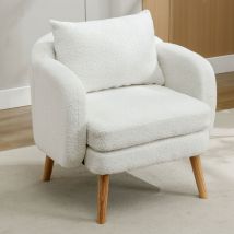 Keepbuying - Fauteuil scandinave Moderne en Velours Teddy avec coussin extra épais,Fauteuil de Salon,Chaise longue à pieds en bois massif - Blanc